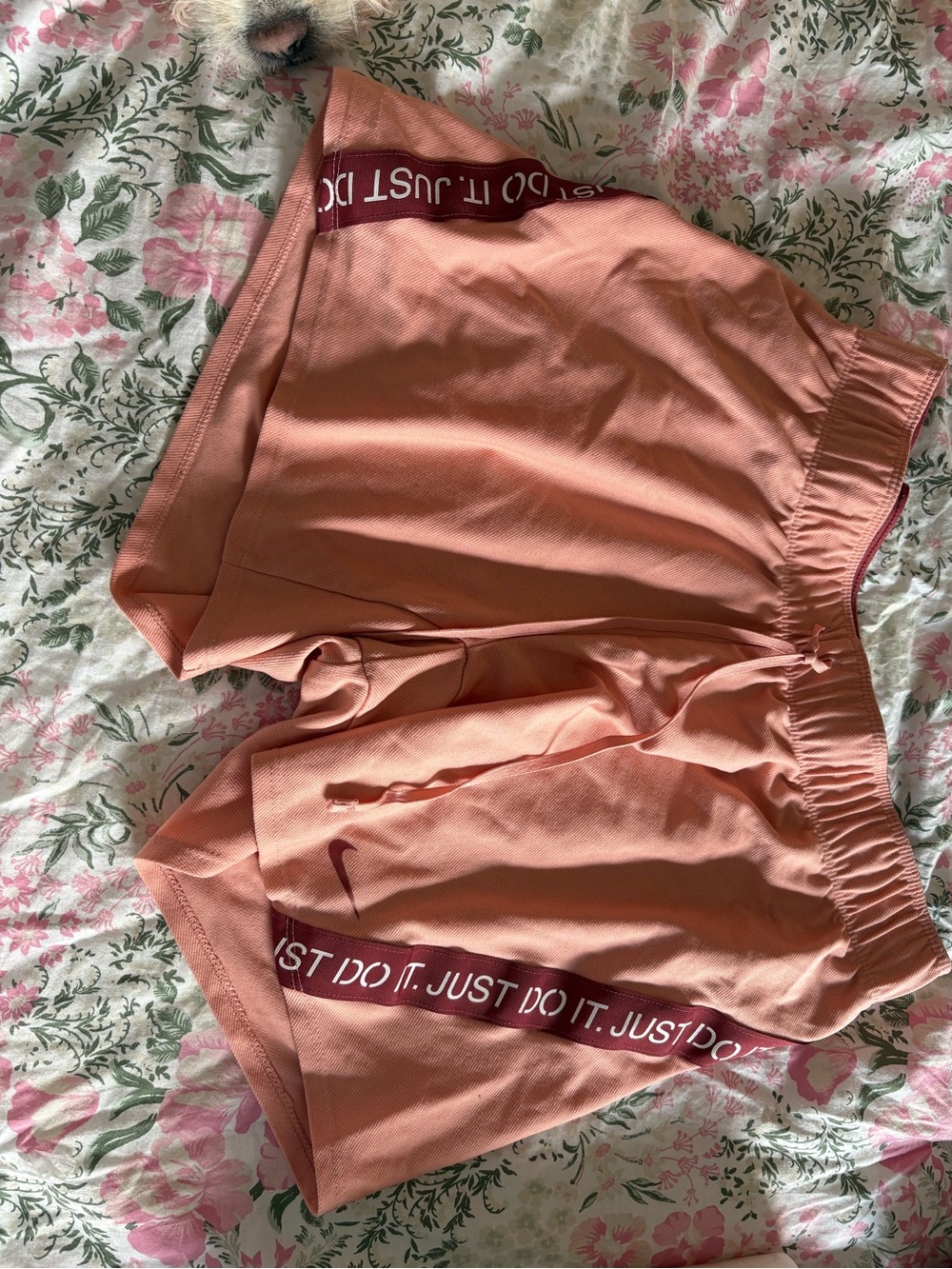 Nike Peach Pink Women's Athletic Shorts with 'Just Do It' Trim